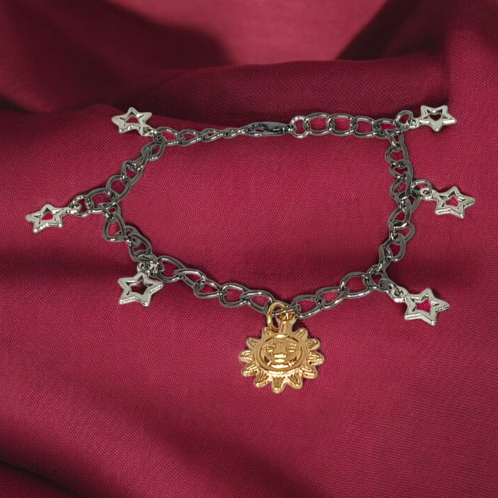 Gun Metal Gray Gold Silver Charm Bracelet with Sun & Stars Astrology Zodiac 90s